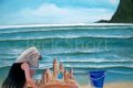 An Original Painting called Castles in the Sand of a little blonde haired girl building a sand castle at an Oregon Beach