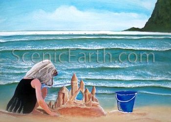 Castles in the Sand - A little blonde haired girl in a black dress builds a sand castle at an Oregon Beach