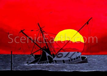 After The Hurricane - A painting of a shipwrecked tugboat washed ashore off the coast of South Carolina after a hurricane with a red sky and sun setting in the background.
