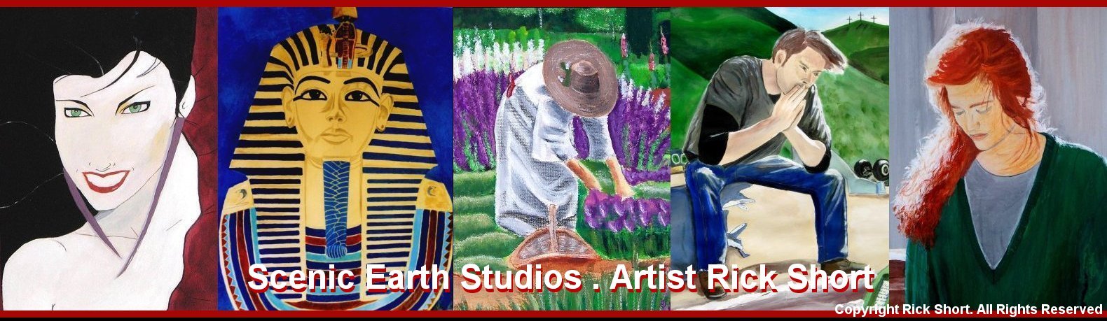 A banner showing portrait paintings by Artist Rick Short including King Tutankhamun, a lady wearing a straw hat working in her garden and a woman with long auburn colored hair