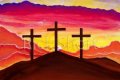 Risen As He Said, an original acrylic painting of the three crosses on Mount Calvary silhouetted against a purple, gold and red sunset