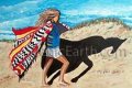 An Original Acrylic Painting called The Sand Walker of Nags Head of a little blonde haird girl walking on the beach with the shadow of a horse as her companion