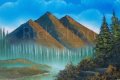 The Three Peaks of Misty Mountain, an original landscape oil painting of three mountain top peaks surrounded by a misty lake