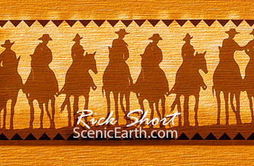 An illustration of a group of cowboys gathered together for a cattle drive with rustic brown and beige colors