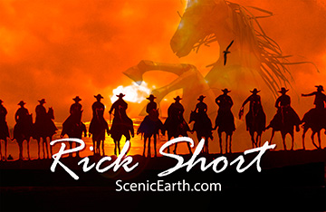 A Digital Painting of Cowboys on horseback silhouetted by an Orange Sky and Arizona Sunset