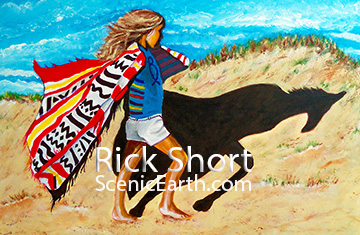A young girl dressed in a western shaw walking on a windy beach with her horse named shadow along the beach